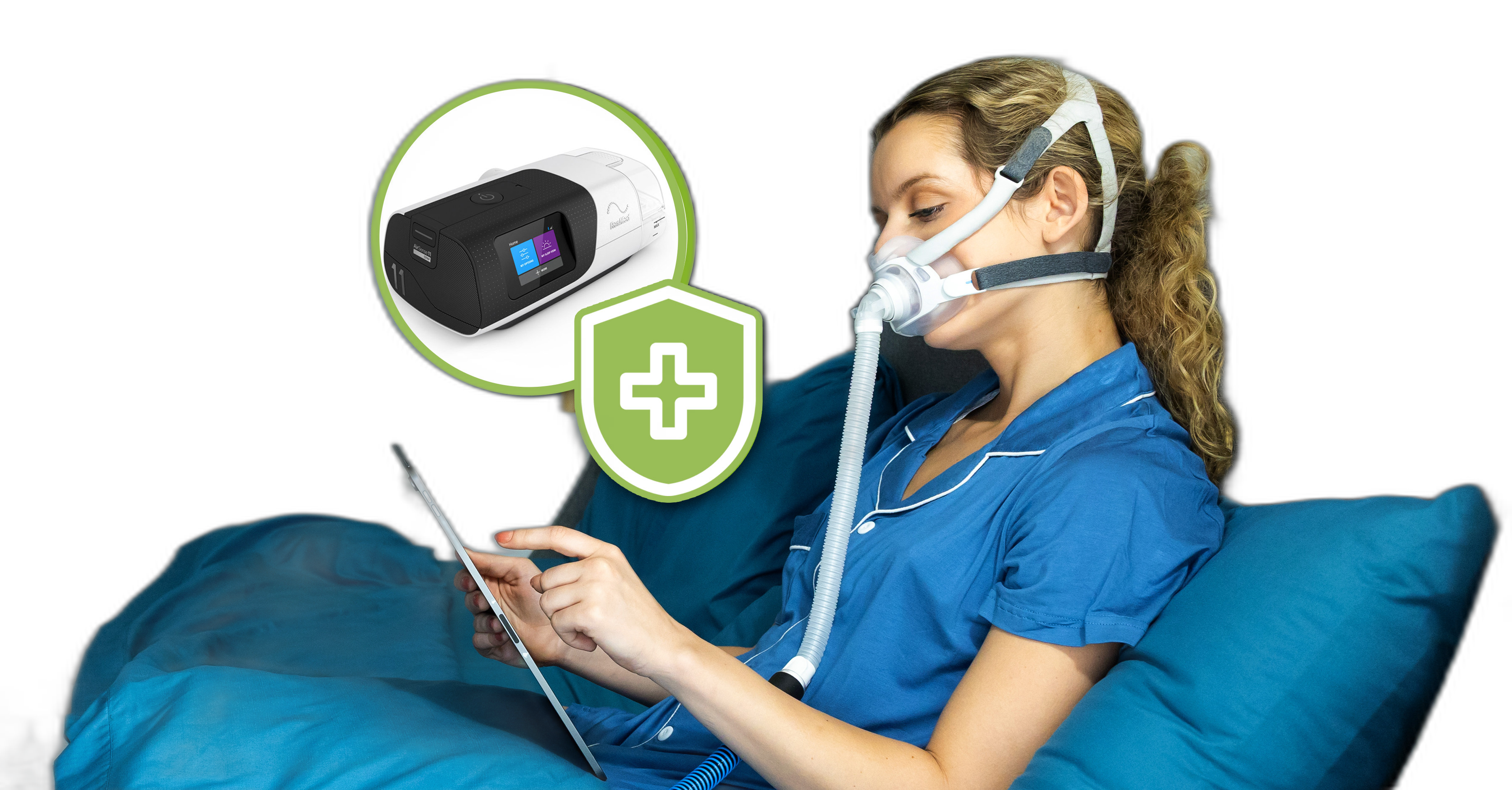 Woman using CPAP with insurance coverage