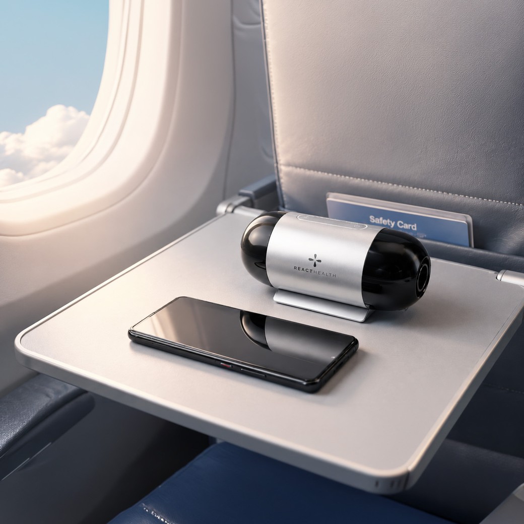 Luna TravelPAP on an airplane tray table
