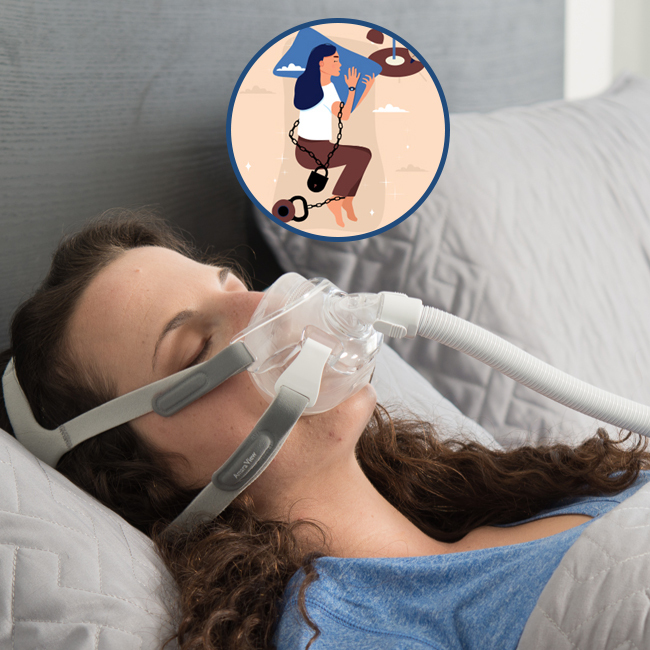 Woman sleeping with CPAP mask — getting untangled from CPAP tube